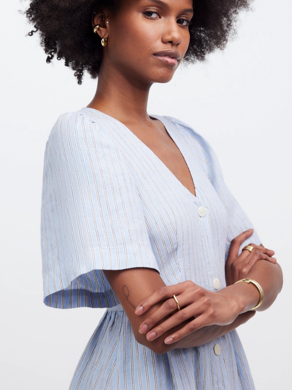 Madewell Cassie Button-Front Midi Dress 100% Linen Blue Striped Size Small - Picture 6 of 13